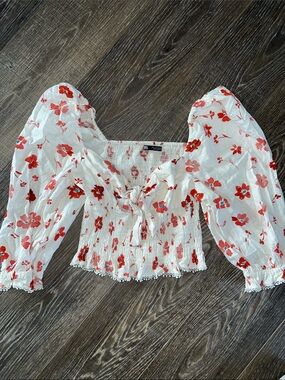 Zara White Floral Smocked Puff-Sleeve Tie-Front Top